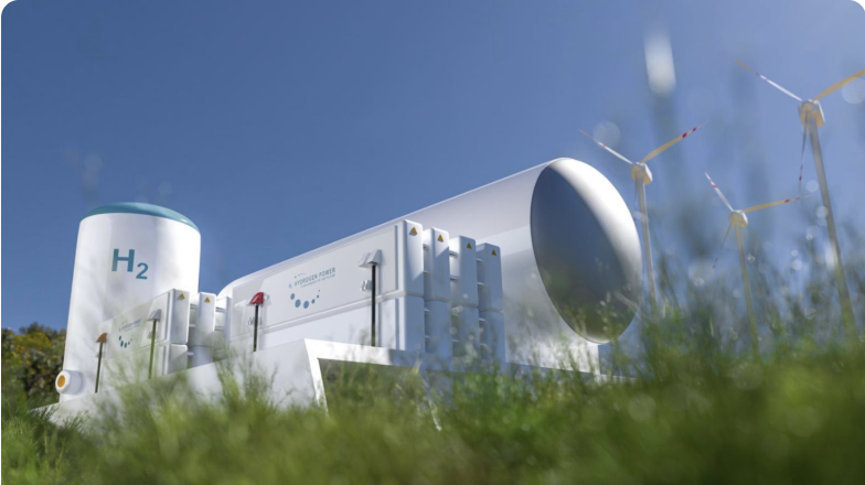 3D model of a hydrogen power plant surrounded by nature and wind turbines